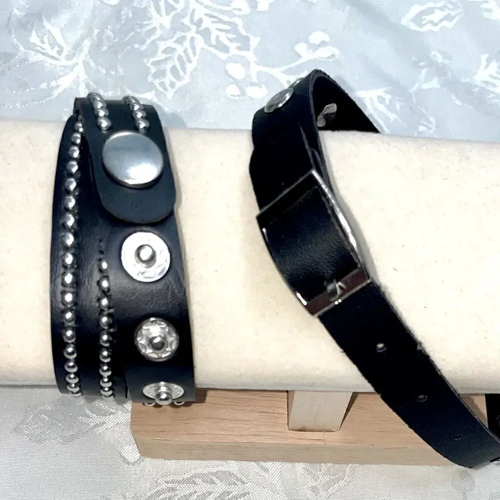 Black Leather 2-piece l Silver-studded l Buckle Choker & Wristband Wrap l New